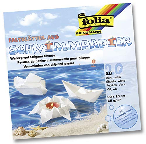 folia 43200 - Faltblätter aus Schwimmpapier, weiß, ca. 20 x 20 cm, 20 Blatt, wasserfestes Faltpapier, bemalbar, inklusive Faltanleitungen von folia