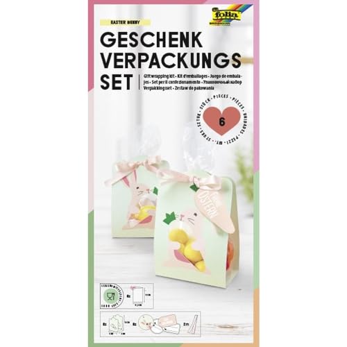 folia 48204 - Geschenkverpackung EASTER BUNNY, Verpackungsset für Kekse, Pralinen und andere Süßigkeiten, mit Papiertüten, Kordeln und Anhängern von folia