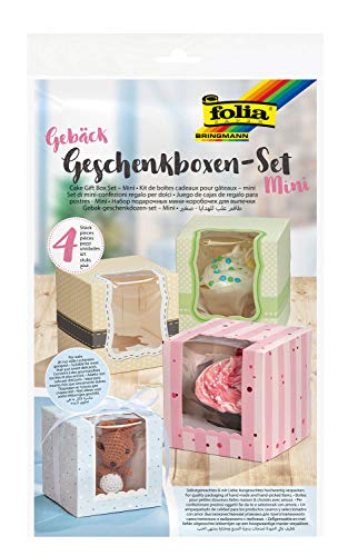 folia 48403 - Gebäck - Geschenkschachtel - Set Mini 4 Boxen, je 10 x 10 x 10 cm sortiert, lebensmittelechte Pappboxen, mit Sichtfenster und Einlage, ideal zum Verschenken von Muffins und Cupcakes von folia