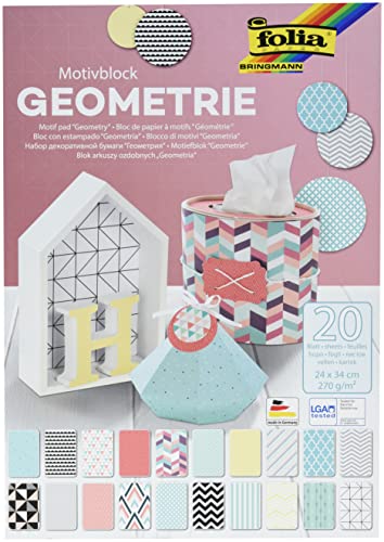 folia 48449 - Motivblock Geometrie, 270 g/qm, ca. 24 x 34 cm, 20 Blatt sortiert in 20 verschiedenen Motiven - zum Basteln und kreativen Gestalten von Karten, Fensterbildern und für Scrapbooking von folia