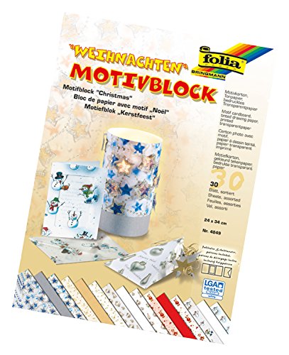 folia 4849 - Motivblock Weihnachten I,24 x 34 cm, 30 Blatt, sortiert, 10 x Motivkarton, 10 x bedrucktes Transparentpapier, 10 x Tonpapier, für vielfältige Bastelarbeiten von folia