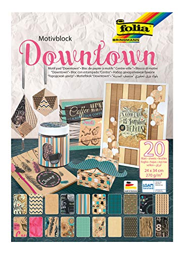 folia 48549 - Motivblock Downtown, 270 g/qm, ca. 24 x 34 cm, 20 Blatt sortiert in 20 verschiedenen Motiven - zum Basteln und kreativen Gestalten von Karten, Fensterbildern und für Scrapbooking von folia