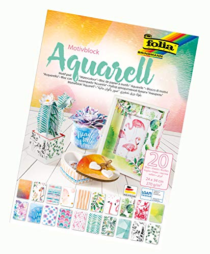 folia 48749 - Motivblock Aquarell, 20 Blatt, ca. 24 x 34 cm, 270 g/qm, sortiert in 20 verschiedenen Motiven - zum Basteln und kreativen Gestalten von Karten, Fensterbildern und für Scrapbooking von folia