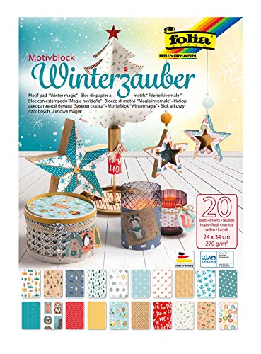 folia 49049 - Motivblock Winterzauber, 270 g/qm, ca. 24 x 34 cm, 20 Blatt sortiert in 20 verschiedenen Motiven - zum Basteln und kreativen Gestalten von Karten, Fensterbildern und für Scrapbooking von folia