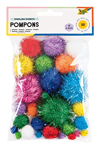 folia 50311 - Pompons "Sparkling Rainbow", 30 flauschige Bällchen sortiert in verschiedenen Größen und Farben, ideal für farbenfrohe Bastelarbeiten von folia