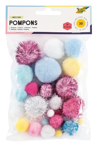 folia 50312 - Pompons "Unicorn", 30 flauschige Bällchen sortiert in verschiedenen Größen und Farben, ideal für farbenfrohe Bastelarbeiten von folia