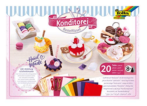 folia 51029 - Bastelfilzset Konditorei 20 teilig, umfangreiches Bastelset zum Gestalten von Kaufladen Produkten aus Filz, inklusive Anleitung und Schnittmuster von folia