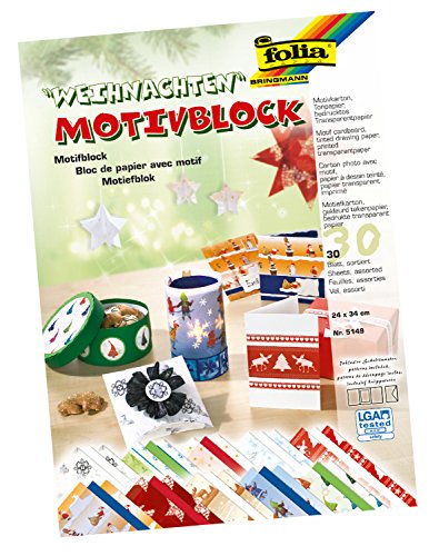 folia 5149 - Motivblock Weihnachten II, 24 x 34 cm, 30 Blatt, sortiert, 10 x Motivkarton, 10 x bedrucktes Transparentpapier, 10 x Tonpapier, für vielfältige Bastelarbeiten von folia