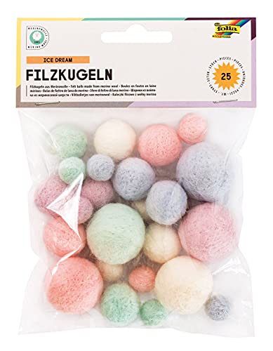 folia 5282 - Filzkugeln Ice Dream, 25 Kugeln aus 100 % Merinowolle, sortiert in 5 verschiedenen Farben und 3 Größen, ideal für Mobiles, Girlanden, uvm. von folia