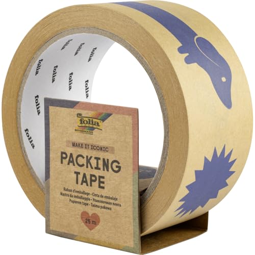 folia 55025 - Paketband MAKE IT ICONIC, 4,8 cm x 25 m, braunes Klebeband mit ikonischen Motiven in Blau, zum Verzieren und Dekorieren von folia