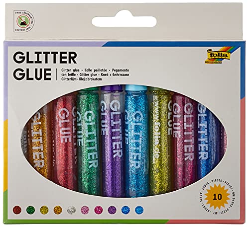 folia 574 - Glitter Glue, Klebestifte mit Glitzer, 10 Stifte sortiert in 10 Farben, je 9,5 ml - zum Bemalen und Verzieren von folia