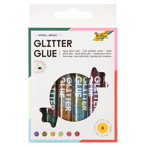 folia 575 - Glitter Glue Spiral Basic, Klebestifte mit Glitzer, 6er sortiert in 6 Farben, je 10,5 ml - zum Bemalen und Verzieren von folia