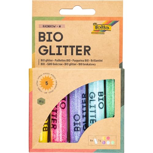 folia 57812 - Bio Glitter Mix RAINBOW M, 5 Tuben à 7g, organischer Glitzer in 5 verschiedenen Farben, zum Verzieren und Dekorieren von folia