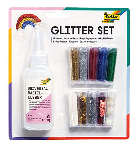 folia 579 - Glitter Set, bestehend aus Bastelkleber und 10 Dosen Glitterpulver und -streuteile, farbig sortiert - ideal zum Verzieren Ihrer Bastelarbeiten, Grußkarten, Scrapbooking, und vielem mehr von folia