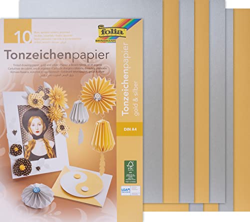 folia 601 - Block mit Tonzeichenpapier in gold / silber, 10 Blatt, 130 g/qm, DIN A4, ideale Grundlage für vielfältige Bastelarbeiten wie Fensterbilder, Scrapbooking, Kartengestaltung von folia