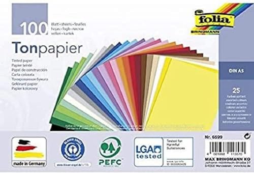 folia 6599 - Tonpapier Mix, DIN A5, 130 g/m², 100 Blatt sortiert in 25 Farben, zum Basteln und kreativen Gestalten von Karten, Fensterbildern und für Scrapbooking von folia