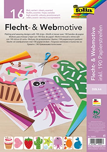 folia 70252 - Flecht- & Webmotive Set, DIN A4, 16 Blatt mit 8 Motiven, inklusive 190 Papierstreifen, kreative Beschäftigung für Kinder von folia