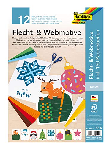 folia 70253 - Flecht- & Webmotive Set Xmas, DIN A4, 8 winterliche Motive inklusive 160 Papierstreifen in 8 Farben, kreative Beschäftigung für Kinder von folia