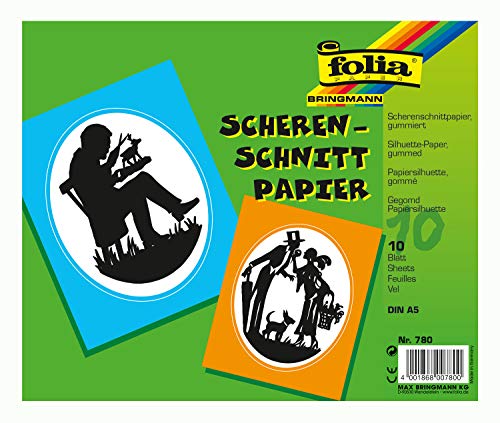 folia 780 - Scherenschnittpapier schwarz, einseitig gummiert, klebt nach dem Anfeuchten, DIN A5, 10 Blatt, ideal für Schattenspiele, Faltbilder, Windlichter und andere Bastelarbeiten von folia