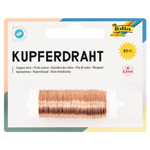 folia 79244 - Kupferdraht kupfer, 1 Spule 0,3 mm x 80 m - ideal für Bastelarbeiten, Gestecke und Gebinde von folia