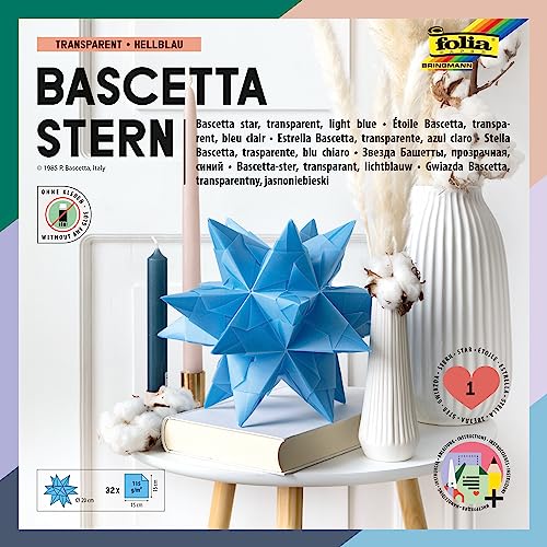 folia 800/2020 - Bastelset Bascetta Stern, Transparent weiß, 20 x 20 cm, 32 Blatt, fertige Größe des Papiersterns ca. 30 cm, mit ausführlicher Anleitung - ideal zur zeitlosen Dekoration von folia