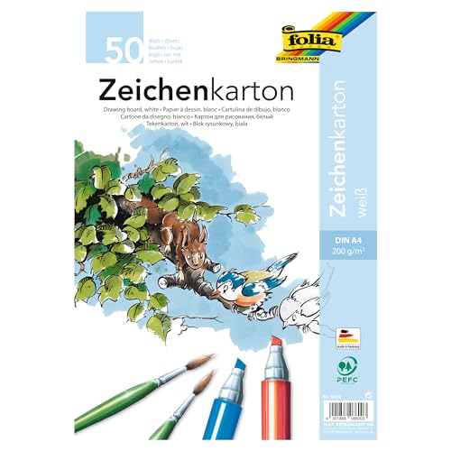 folia 8600 - Zeichenkarton, 200 g/qm, DIN A4, 50 Blatt, weiß - Zeichenpapier für vielfältige kreative Ideen von folia