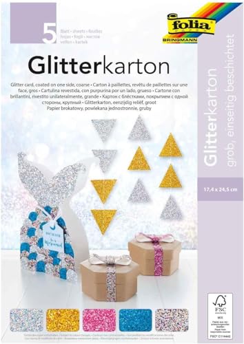 folia 86139 - Glitterkarton Block grob, einseitig beschichtet mit grobem Glitter, ca. 17,4 x 24,5 cm, 5 Blatt 300 g/m², farbig sortiert, für glitzernde Akzente bei Ihren Bastelarbeiten von folia