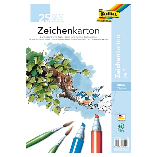 folia 8700 - Zeichenkarton, 200 g/qm, DIN A3, 25 Blatt, weiß - Zeichenpapier für vielfältige kreative Ideen von folia