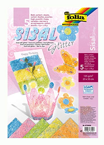 folia 870409 - Sisal Bogenware, Pastellfarben mit Glitter sortiert, ca. 23 x 33 cm, 135 g/qm, 5 Blatt - ideal für zahlreiche Bastelideen von folia