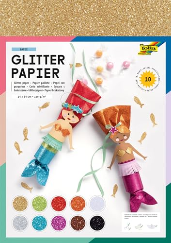 folia 880409 - Glitterpapier, 10 farbig sortiert, ca. 24 x 34 cm, Braun, Verschiedene Farben von folia