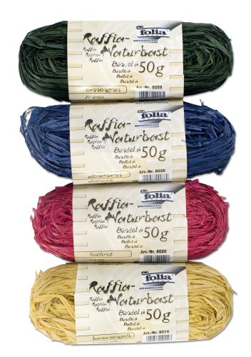 folia 901014 - Raffia Naturbast, 4 Bündel je 50 g, farbig sortiert - ideal zum Basteln oder für Gestecke, Sträuße und andere floristische Arbeiten von folia