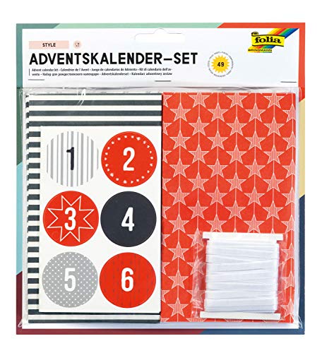 folia 9395 - Adventskalender Set Style, mit 24 lebensmittelechten Papiertüten je 10 x 17,5 x 5,5 cm groß, 7 m Satinband und Zahlensticker von folia