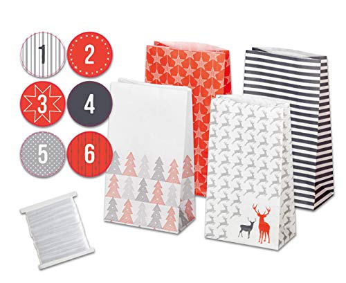 folia 9395 - Adventskalender Set Style, mit 24 lebensmittelechten Papiertüten je 10 x 17,5 x 5,5 cm groß, 7 m Satinband und Zahlensticker von folia