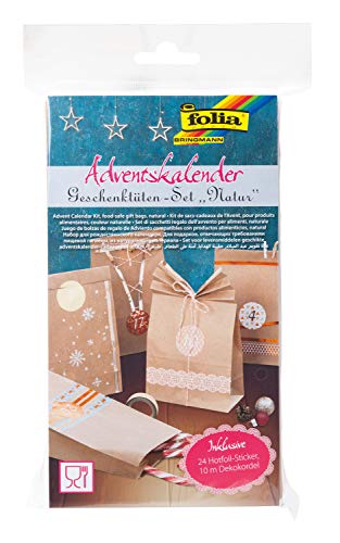 folia 9402 - Adventskalender-Set mit 24 lebensmittelechten Papiertüten naturfarben, Kordel und Zahlensticker von folia