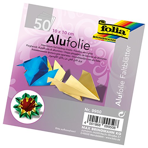 folia 9950 - Faltblätter aus Alufolie 10 x 10 cm, 100 g/qm, 50 Blatt, farbig sortiert - ideal zum Papierfalten und für andere kreative Bastelarbeiten von folia