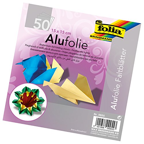 folia 9955 - Faltblätter aus Alufolie 15 x 15 cm, 100 g/qm, 50 Blatt, farbig sortiert - ideal zum Papierfalten und für andere kreative Bastelarbeiten von folia