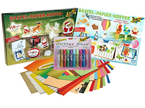 folia Bastel-Papier-Koffer Weihnachten, 110-teiliges Bastelset + Ganzjahres Set, insgesamt 220 Teile + 10x Glitter Kleber Glitter Glue folia Bastel-Papier-Koffer Weihnachten, 110-teiliges Bastelset + Ganzjahres Set, insgesamt 220 Teile + 10x Glitter Kleber Glitter Glue von folia