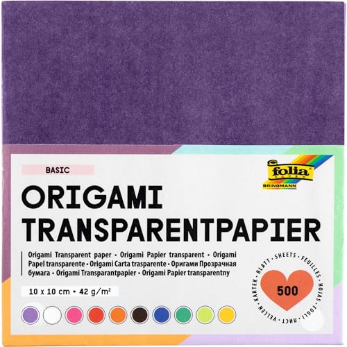 folia 825/1010 - Transparentpapier - Faltblätter, 10 x 10 cm, 500 Blatt, 42 g/qm, sortiert in 10 Farben - ideal für wunderschöne Faltfiguren und -formen von folia