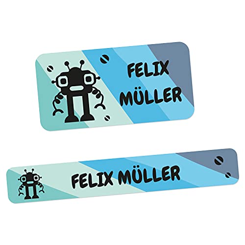 foliado® 120 Stück Namensaufkleber verschiedene Motive als Set Klebeetiketten für Gegenstände & Stifte Sticker Namensetikett Schule Kindergarten wasserfest APD-045 (Roboter) von foliado