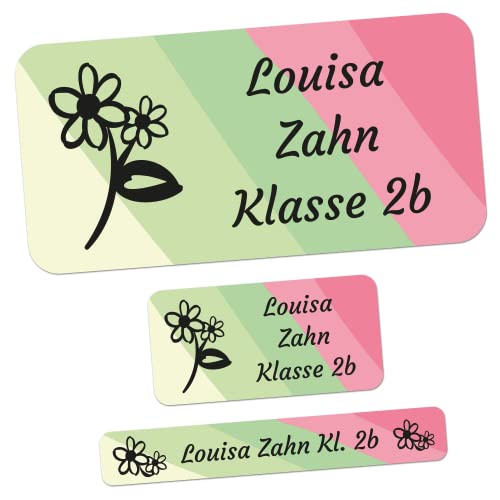 foliado® kids 165 Stück Namensaufkleber Kinder verschiedene Motive 3 Größen als Set Klebeetiketten für Gegenstände & Stifte Sticker Namensetikett Schule Kindergarten wasserfest APD-045S (Blume) von foliado