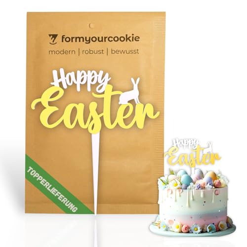 2-farbiger Happy Easter Cake Topper mit 3D-Effekt und angespitztem Stiel für Torten und Kuchen zu Ostern im Frühling (gelb/weiß) von formyourcookie