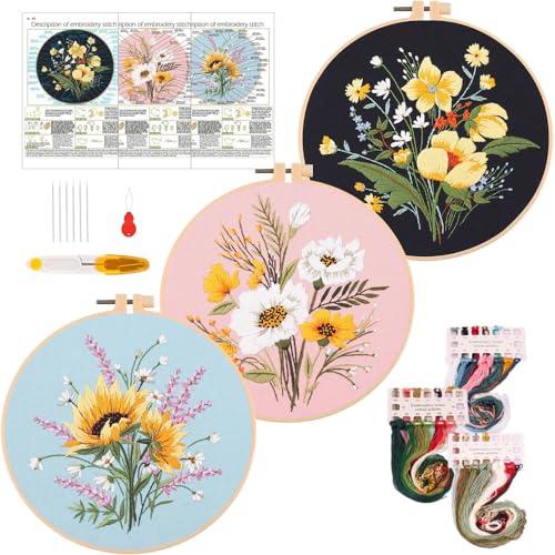 Stickset Set Anfänger, 3 Stk. Blüte Gestempeltes Stickerei Starter Kreuzstich Set Vorgedruckt mit 1 Stück Kunststoff-Stickrahmen, Farbfäden und Werkzeuge für DIY Kunst Handwerk Nähen von frock