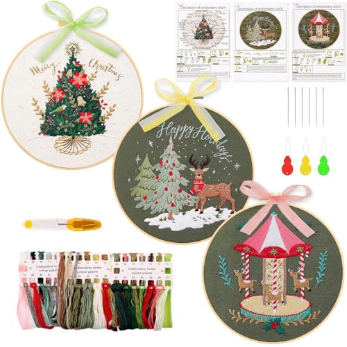 frock 3 Stk. Sticken set Erwachsene Weihnachten, Stickerei Starter Kit mit 1 Stickrahmen, 3 Sticktuch mit Muster Vorlagen und Anleitung, Embroidery Kit mit Stickgarn, Nadeln und Nähen Tools von frock