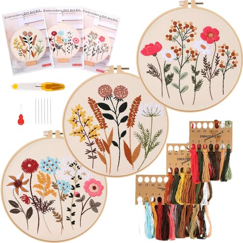 frock 3 Stk. Stickerei Set Anfänger, Gelassene Blumen Basteln Erwachsene Stickerei Starter Kreuzstich Set mit 1 Stück Kunststoff-Stickrahmen, Stickmuster Farbfäden und Werkzeuge von frock