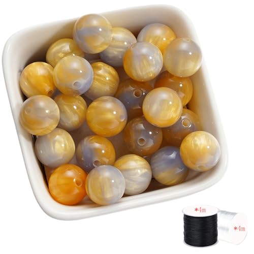 ftiemlovde 50 Bunte Edelstein Perlen für Armbänder Selber Machen， Groß Glasperlen zum Auffädeln mit Loch (Gelb mix Grau 10mm) von ftiemlovde