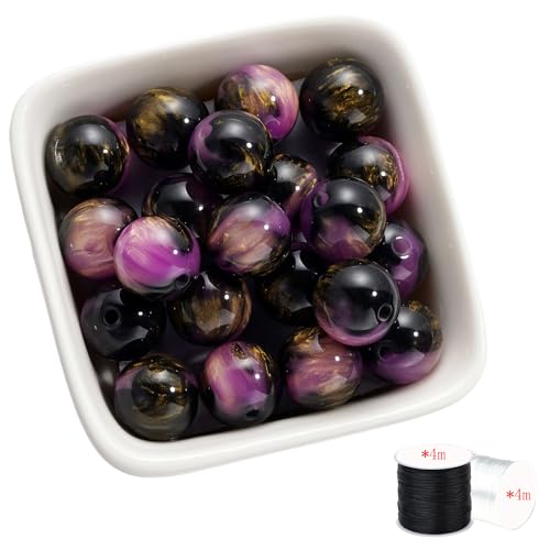 ftiemlovde 50 Bunte Edelstein Perlen für Armbänder Selber Machen， Groß Glasperlen zum Auffädeln mit Loch (Schwarz mix Violett 10mm) von ftiemlovde