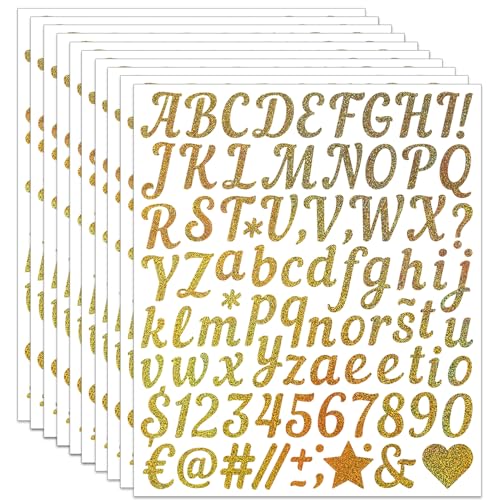 10 Blätter 880 Stück Glitzer Buchstaben Zahlen Aufkleber,25 mm Wasserfeste Alphabet Aufkleber Selbstklebenden Buchstaben Stickers für Hochzeit Geburtstag Briefkasten DIY Scrapbooking (Gold) von fudalation