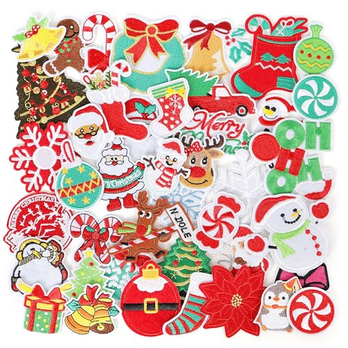 Aufnäher zum Aufbügeln für Kleidung: funcolor 42 Stück Weihnachtsmann niedlich bestickte Aufnäher für Stoff – Schneemann-Patches zum Aufnähen oder Aufbügeln für DIY hässliche Pullover, Hüte, Jacken, von funcolor