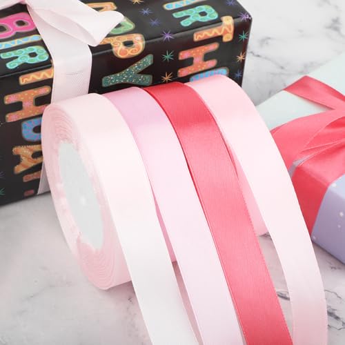 4 Rollen Geschenkband, 20mm Schleifenband zum Basteln, Satinband Stoffband für Weihnachten Geschenk Verpackung,Haarschleifen Schleifenband (Rosa) von funvce