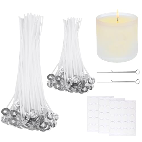 funvce Kerzendocht 60 Stück, 10 cm und 15 cm Kerzendochte für Kerzen Selber Machen，Candle Wick Set Mit Dochthalter und Kerzen-Warnaufklebern von funvce